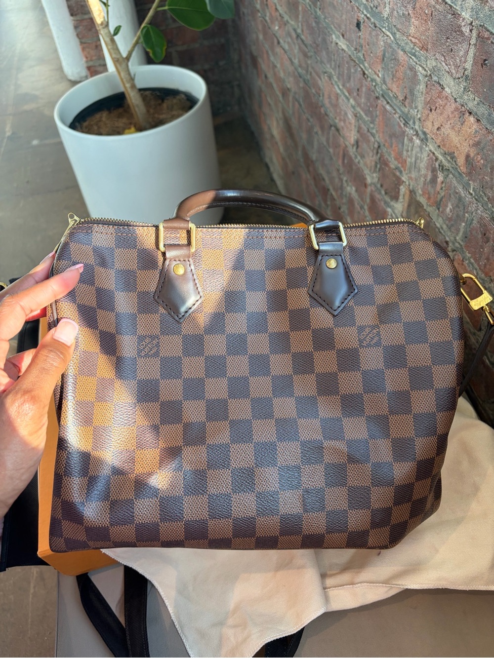 Louis Vuitton Brown Damier Ebene Speedy Bandoulière with Pink Accent Scarf - Picture 2 of 16
